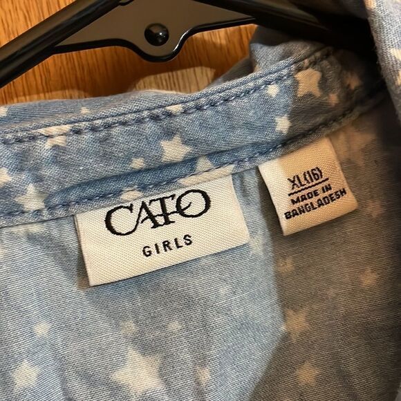 Cato Blouse Faded Blue Denim‎ Button Front With Stars Girls Size XL 16 - Picture 5 of 6